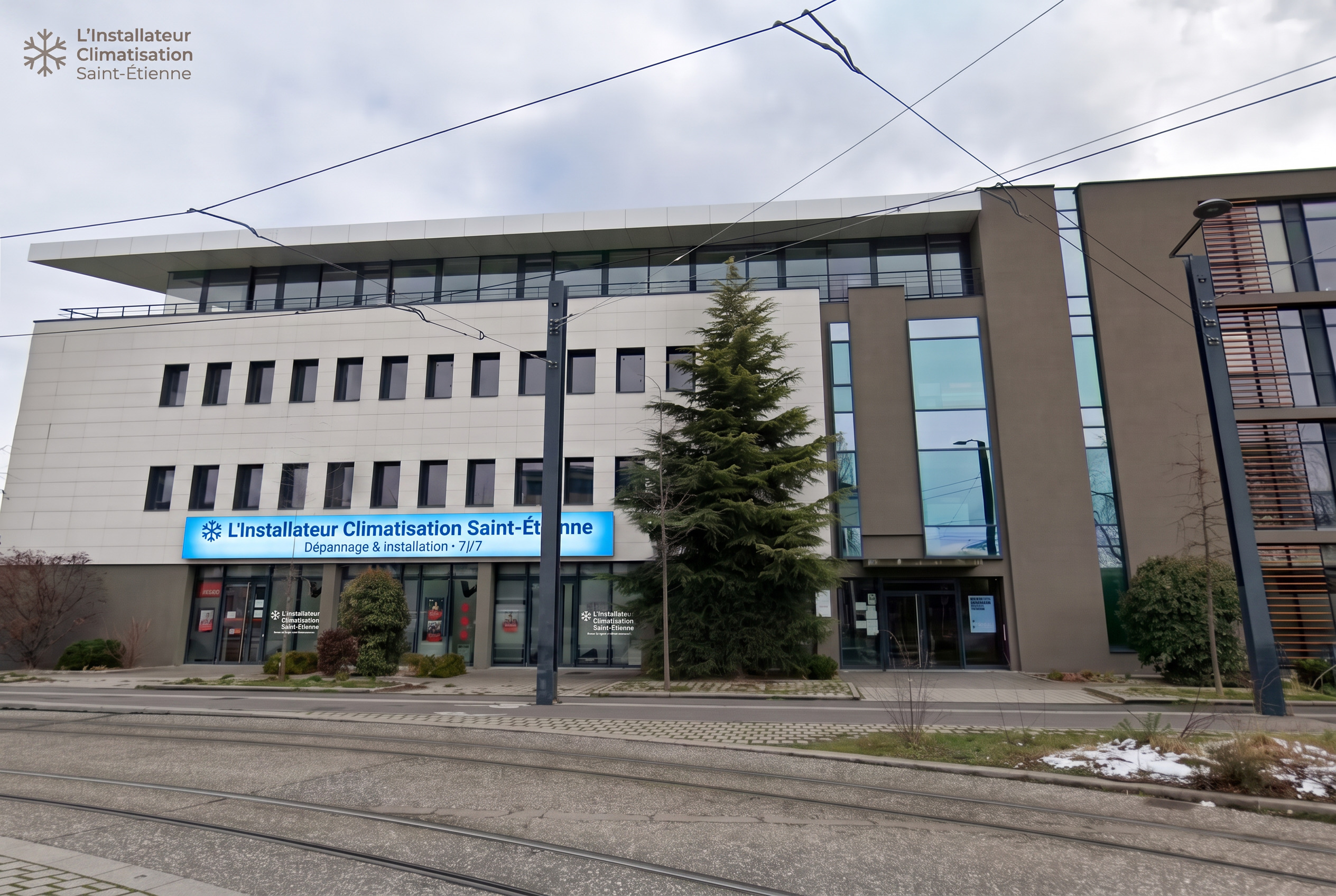 Devanture de l'agence L'Installateur Climatisation Saint-Étienne avec enseigne lumineuse au 15 Rue de la Presse