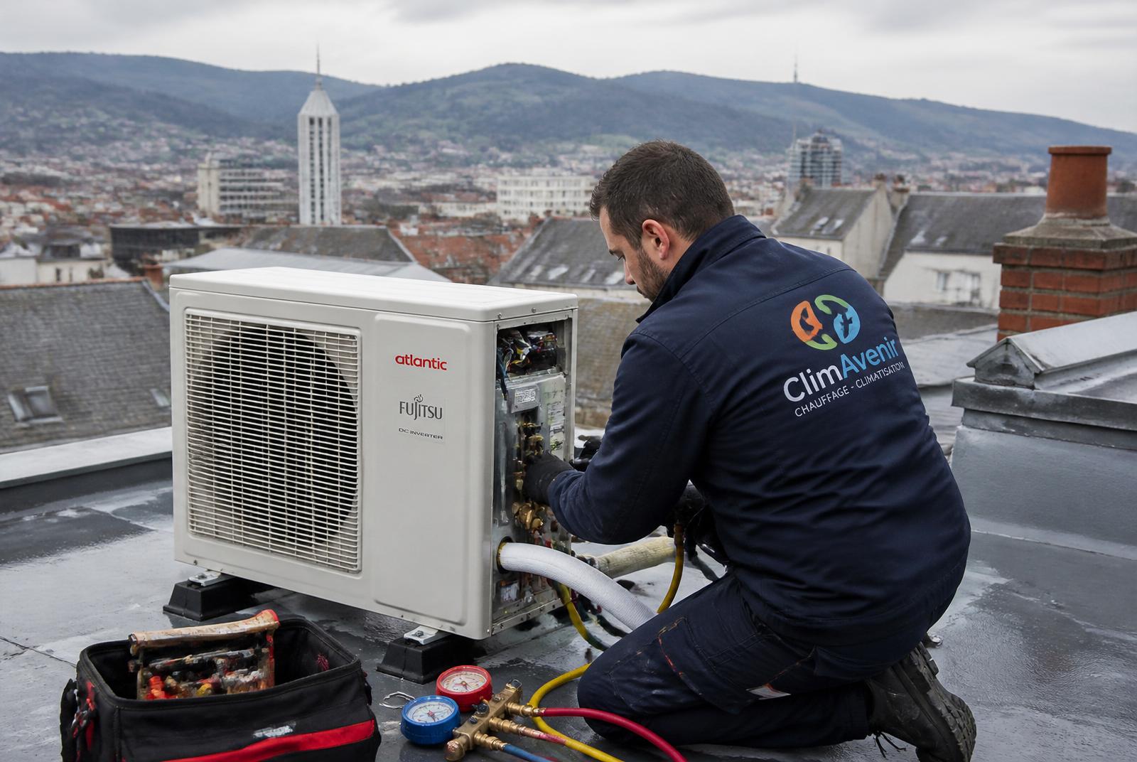 Pompe à chaleur installée sur toiture avec vue sur le Pilat